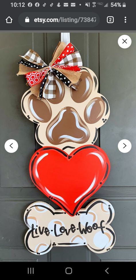 Wooden Dog Cutout, Dog Paw Door Hanger, Dog Paw Wood Craft, Paw Print Door Hanger, Dog Door Hangers, Dog Door Hanger, Wood Cutouts Patterns, Valentines Door Hanger, Dog Wreath