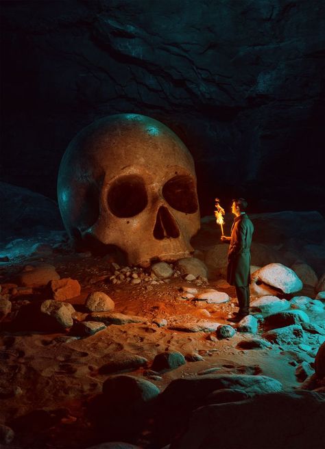 Adventurer in a cave discovers a giant human skull. Cinematic lighting. Giant Human, Dark Cave, Cinematic Lighting, Skull Island, Human Skull, Landscape Art, Top Artists, Sale Poster, Sell Your Art