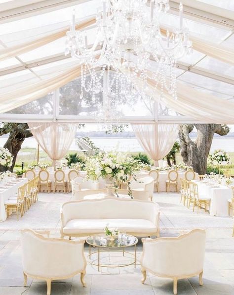 Elegant Tented Wedding Reception, Classic Tent Wedding Reception, Outdoor Glam Wedding, Tent Chandelier Wedding, Crystal Chandelier Wedding, Full White Wedding Decor, Classy Tent Wedding, Wedding Dresses 2023 Trend New, Wedding Chandelier Ideas