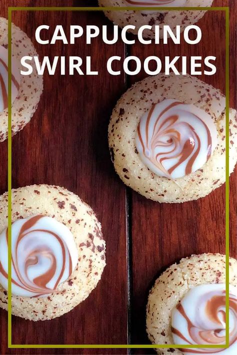 Coffee Flavored Cookies, Cappuccino Cookie, Christmas Cookie Exchange Recipes, Swirl Cookies, Flavored Coffee Creamer, Cookie Exchange Recipes, Spritz Cookies, Christmas Cookie Exchange, Chocolate Swirl