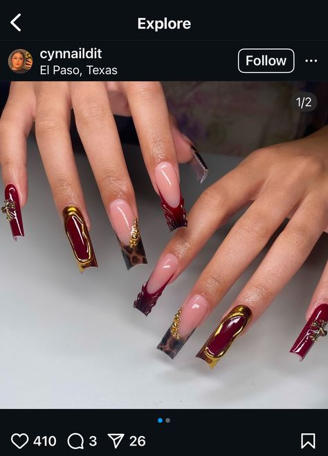 Red And Gold Coffin Acrylic Nails, Abstract Red Nails, Birthday Nail Set Ideas Red, Brown And Red Nails Design, Burgundy Gold Nail Designs, Gel Ex Nails, Dark Red Acrylic Nails Design, Burgundy And Gold Nail Designs, Red Airbrush Nails