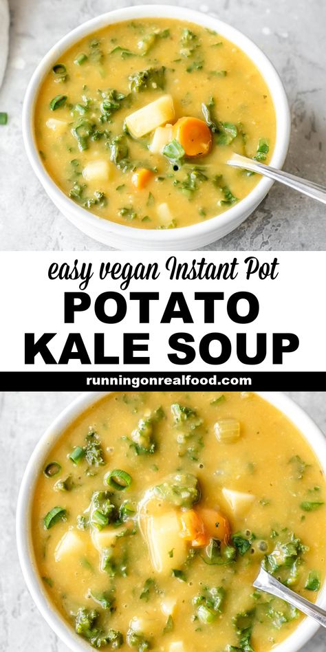 Vegan Instant Pot Potato Soup - Easy to make in under 30 minutes including prep time. Recipe includes instructions for making it stovetop as well. Vegan, gluten-free, oil-free, sugar-free. Perfect for Fall and Winter! Instant Pot Kale, Instant Pot Potato Soup, Kale Potato, Creamy Potato Leek Soup, Vegan Winter Recipes, Vegan Potato Soup, Instant Pot Vegan, Vegan Instant Pot, Healthy Vegan Dinner Recipes