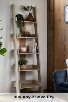 Narrow Ladder Shelf, Fall Dining Room Table Decor, Corner Ladder Shelf, Fall Dining Room Table, Bookcase Decor, Ladder Shelf, Farmhouse Decor Living Room, Bookcase Shelves, Grey Oak