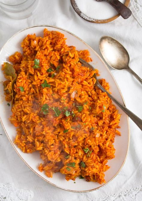 Spicy Jollof Rice with Tomatoes – Nigerian Food Kelewele Recipe, Nigerian Jollof Rice Recipe, Jollof Rice Nigerian, Rice With Tomatoes, Nigerian Jollof Rice, Jollof Rice Recipe, Rice Recipes Vegan, Paleo Dishes, Tomato Rice