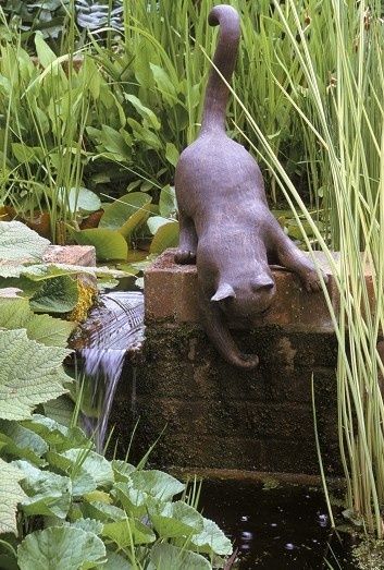 Garden Art Sculptures Statues, Pond Water Features, Cat Garden, Water Features In The Garden, Garden Pond, A Pond, Garden Fountains, Garden Art Sculptures, Garden Features