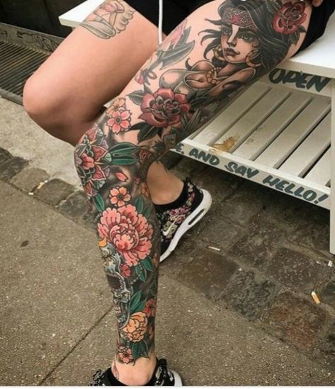 Neotraditional Tattoo Leg Sleeve, Neotraditional Leg Tattoo, Neotraditional Leg Sleeve, Traditional Leg Sleeve, Traditional Tattoo Leg Sleeve, Thigh Tattoo Ideas, Tattoo Ideas Inspiration, Traditional Tattoo Inspiration, Full Leg Tattoos