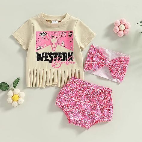 Fernvia Western Toddler Baby Girl Clothes Letter Short Sleeve T-Shirt Top + Tassel Shorts Outfits + Headband 3Pcs Set Baby Girl Western Outfits, Cow Print Shirt, Western Summer Outfits, Western Summer, Tassel Shorts, Girl Western, Infant Baby Girl, Boho Summer Outfits