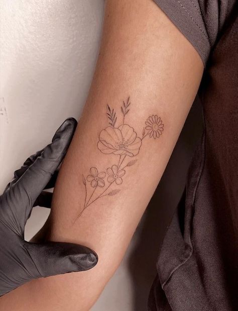 Modern Small Tattoos, Bicep Arm Tattoos For Women, Inner Arm Bouquet Tattoo, Fine Line Flower Bouquet Tattoo, Bouquet Tattoos, Fine Line Floral Tattoo, Inside Bicep Tattoo, Bicep Tattoo Women, Minimal Tattoo Designs