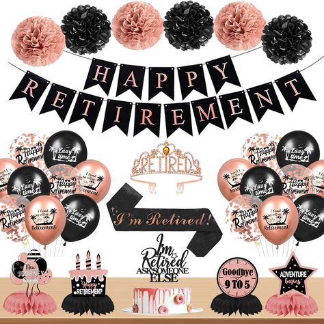 PRICES MAY VARY. [Retirement Decorations Kit] - Our Happy Retirement Decorating Set in black and pink includes 1PC "HAPPY RETIREMENT" banner, 18PCS latex balloons, 1PC cake topper, 4PCS honeycomb table centerpieces, 6PCS pom poms and 1PC "I'm Retired" crown & sash. Enough quantity to meet your retirement party decorating needs and perfectly decorate your retirement party. [Retirment Crown & Sash] - The sparkling crystal tiara is designed with the word "RETIRED" and made of high quality material, Retirement Party Decorations For Women, Retirement Party Centerpieces, Happy Retirement Banner, Retirement Banner, Honeycomb Table, Coworker Retirement, Retirement Decorations, Honeycomb Cake, Retirement Party Decorations