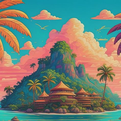 Fantasy island awaits art Island Digital Art, Exotic Illustration, Animation References, Paradise Beach, Fantasy Island, Art Tropical, Island Paradise, Beautiful Illustration, Island Art