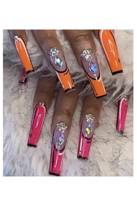 Enppode Coffin Press on Nails Long Acrylic Nails with Rhinestones Orange &amp; Red Nails Glossy Nails 24 PCs Fake Acrylic Nails, Fake Nails Long, Love Graffiti, Nail Equipment, Nagel Tips, Nails Tips, Coffin Press On Nails, Coffin Shape, Nails French