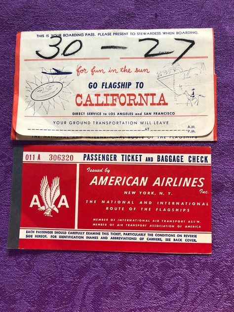 Vintage American Airlines Passenger Ticket and Baggage Check from the 1950's San Diego, CA to Chicago, Il to Buffalo, NY Good condition  See photos  Tag Words: American Airlines, American Airline Tickets, American Airlines Passenger Ticket, Vintage American Airlines, AA memorabilia, AA Eagle Memorabilia Map Brochures, Vintage Ticket, Visa Online, Checked Baggage, Vintage Airlines, Airline Flights, Kids Calendar, Airline Tickets, Vintage Fishing