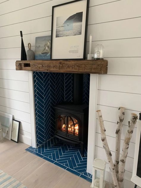 Herringbone Fireplace Tile, Herringbone Fireplace, Wood Burning Stoves Living Room, Log Burner Living Room, Fireplace Tiles, Wood Stove Fireplace, Freestanding Fireplace, Fireclay Tile, Herringbone Tile