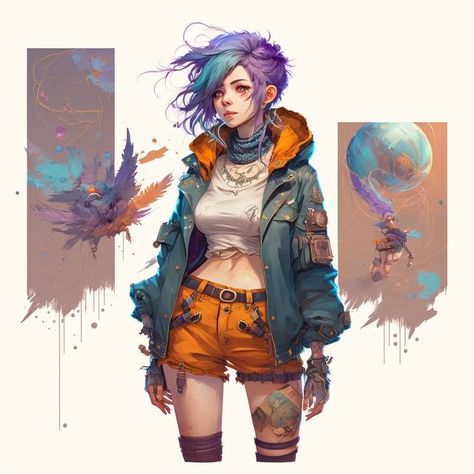 Purple And Orange Character Design, Blue And Orange Character Design, Solar Punk Character Design, Solar Punk Art, Solar Punk Character, Solar Punk Fashion, Orange Futuristic, Bio Punk, Aesthetic Town