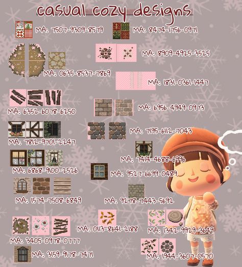 cozy — hi guys! here are some of the design codes i use... Animal Crossing Design Codes, Cottage Core Animal Crossing, Animal Crossing Design, Animal Crossing Custom Designs, Cottagecore Animal Crossing, Acnh Cottagecore, Animal Crossing 3ds, Animal Crossing Funny, Animal Crossing Guide