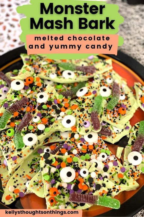 Monster Mash Bark is perfect for serving at kid’s parties or for Halloween. Melted white chocolate is colored green and then decorated with a variety of candy eyes, yummy gummy worms, and sprinkles. #barkrecipe #halloweenbark #meltedchocolate #halloweenrecipes Fairy Monster, Melted White Chocolate, Candy Eyes, White Chocolate Bark, Candy Bark, Melting White Chocolate, Halloween Baking, Gummy Worms, Bark Recipe