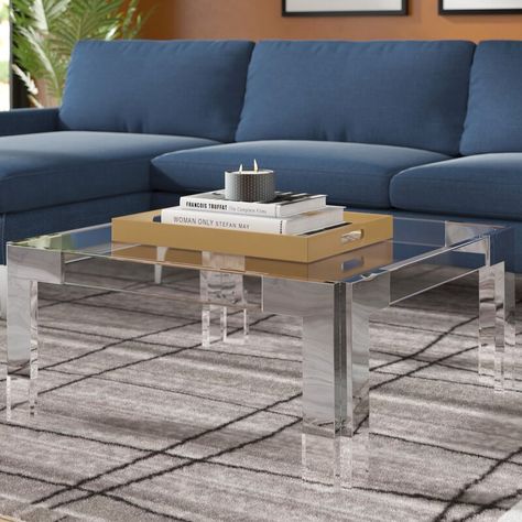 Everly Quinn Stoll Coffee Table & Reviews | Wayfair Gray And Gold Living Room, Blush Living Room Decor, Floor Coffee Table, Green And Gold Decor, Gold Living Room Ideas, Coffee Table Gold, Coffee Table Rug, Velvet Living Room, Mirrored Coffee Tables