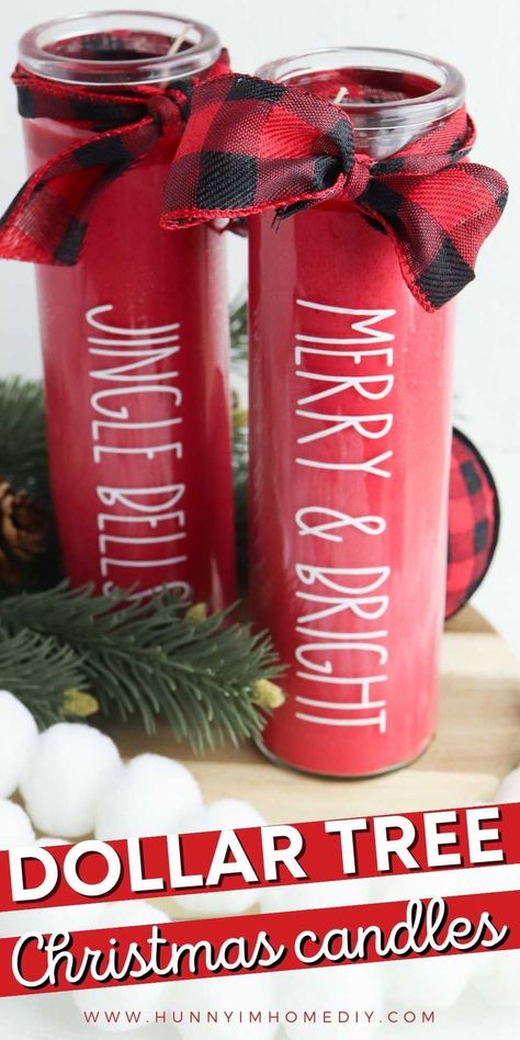 Cricut Candles Vinyl Projects Christmas, Diy Dollar Store Christmas Candles, Diy Dollar Tree Christmas Tree Ideas, Cricut Christmas Candles, Christmas Things To Make And Sell, Christmas Candle Gift Ideas, Dollar Tree Diy Christmas Gifts, Cricut Candle Projects, Dollar Tree Candles Diy