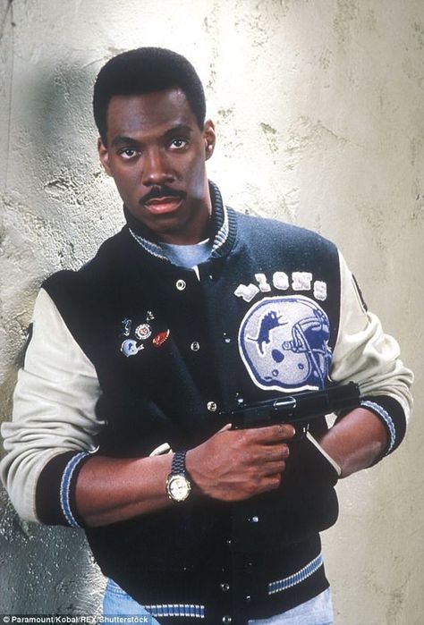 Axel Foley, Leather Sleeve Jacket, Beverly Hills Cop, Eddie Murphy, Leather Jacket Style, Letterman Jacket, Black Denim Jacket, Leather Sleeve, Detroit Lions