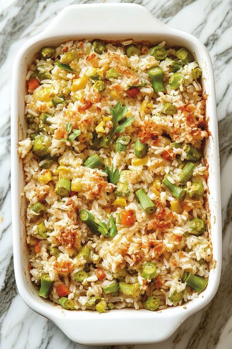 Easy Okra and Rice Casserole Recipe Okra Side Dish, Okra Casserole Recipes, Easy Okra Recipes, Okra Rice Recipes, Baked Okra Recipes, Okra Recipes Healthy, Okra Dishes, Okra Rice, Baked Okra