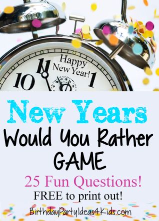 New Years Game! New Years Would You Rather Questions -  Great for kids, tweens, teens, classroom and adult parties.  Rated G for everyone!  25 fun questions to print out (FREE)!  http://www.birthdaypartyideas4kids.com/new-years-would-you-rather-game.html Sylvester Party, New Years With Kids, New Years Eve Traditions, New Year's Eve Crafts, New Year's Eve Countdown, Kids New Years Eve, New Year's Eve Activities, Would You Rather Game, New Years Eve Games