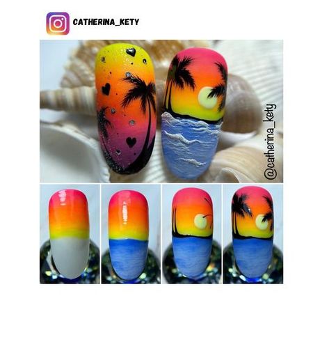 Scenery Nail Art, Sunset Nail Art, Coconut Nail Art, Sommer Nails, Sea Nail Art, Nail Art 2023, Tropical Nail Art, Quick Nail Art, Beach Nail Art