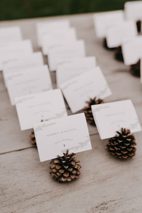 Pine Cone Table Numbers, Maine Themed Wedding, Cottegcore Wedding, Nature Wedding Inspiration, Forest Green Wedding Pallet, Romantic Woodsy Wedding, Hobbit Style Wedding, Outdoor Woodsy Wedding Ideas, Wedding Decor Unique