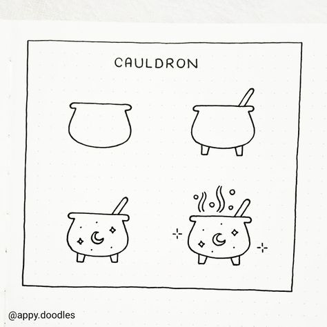 How to doodle cauldron. Simple autumn / Halloween themed doodle tutorial for your bullet journal. Follow @appy.doodles on Instagram for more bullet journal doodles and easy step by step doodle art for beginners :) #appydoodles #howtodoodle #stepbystepdrawing How To Draw A Cauldron Step By Step, Simple Doodles Halloween, Halloween Drawing Ideas Cute, Halloween Drawings Easy Step By Step, October Doodles Easy, Halloween Easy Drawings Ideas, Step By Step Fall Drawings, Simple Fall Doodles, Halloween Doodles Simple Step By Step