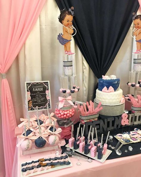 Shiante’s Baby Shower  | CatchMyParty.com Pink And Denim Party Decor, Denim And Pink Party Ideas, Baby Shower Ideas Black People, Royal Baby Shower Theme, Denim Baby Shower, Grad Dinner, Diamonds And Denim Party, Denim Diamonds, Pearl Baby Shower