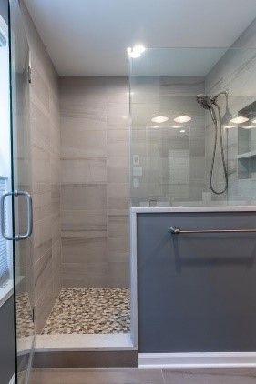 This walk-in shower has both the beauty of a glass enclosure with a little extra privacy due to the half wall. #homerenovation #homeremodel #bathroomremodel #bathroomrenovation Sweet Lasagna, Breakfast Logo, Boho Graduation, Half Wall Shower, Glass Shower Wall, Master Bath Shower, Bespoke Kitchen Design, Build Home, Cats Photos