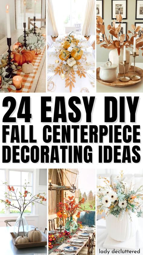 24 Easy DIY Fall Centerpiece Decorating Ideas Fall Square Table Settings, Table Scape Fall Decor, Decorating Kitchen Table For Fall, Thanksgiving Decorations Tables, Fall Farmhouse Dining Table Decor, Fall Centerpiece Decor, Fall Table Display Ideas, Decorating Table For Thanksgiving, Thanksgiving Decorations Centerpiece