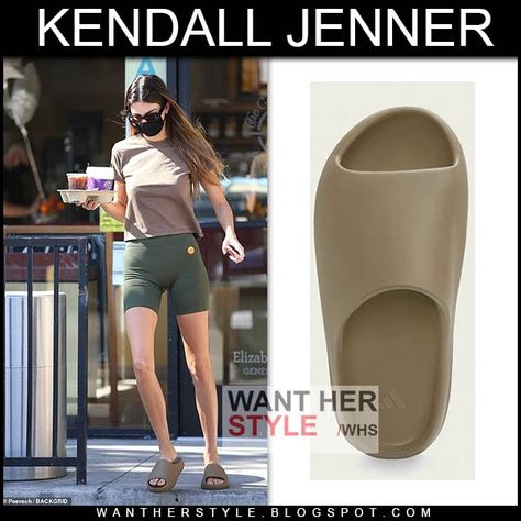 Kendall Jenner in green shorts and khaki slides in LA on October 31 2020 Adidas Yeezy Slides Outfit, Jennie Yeezy Slides, Kendall Jenner Sandals, Kendall Yeezy Slides, Kendall Jenner Crocs, Kendall Jenner Yeezy Slides, Adilette Slides Outfit, Yeezy Slides Outfit Women, Yeezy Slides Outfit