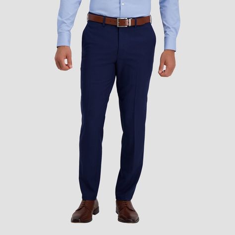 Eliminate the need to iron with this slim-fit wrinkle free pant from Haggar®. You can go about your day feeling good and looking great! The fabric performance combination of moisture wicking and stretch will uphold you to move with ease. These pants will become your favorite choice in your closet! Stay Flexible, Dress Pants Outfits, Navy Blue Dress Pants, Pants Outfit Men, Slim Fit Dress Pants, Blue Dress Pants, Stretch Dress Pants, Slim Fit Dress, Mens Dress Pants