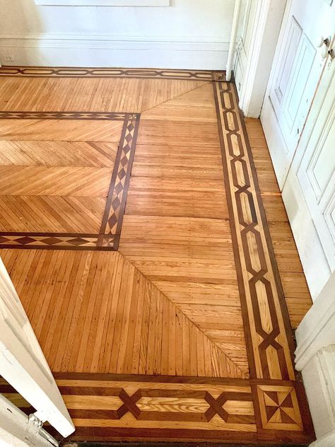 Entry Wood Floor Pattern, Victorian Flooring Wood, Historic Home Wood Floors, Versailles Wood Floor, Versaille Parquet Flooring, Craftsman Front Doors, Parquetry Floor, French Country Estate, Wood Floor Design