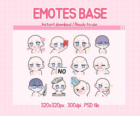 Help you draw your own Twitch/Discord emotes. This file does not include hairs, clothes, accessories, etc. as those are supposed to be drawn by you! diy emotes. You need a program that can open the psd file. size : 320 x 320px, 300dpi and the format is PSD. a zip folder containing 12 PSD files with layers. Personal and commercial use is allowed. Not allowed to resell these bases. I don't accept returns, exchanges or cancellations thank you! Chibi Emotes Base, Emotes Base, Cute Emotes, Chibi Emotes, Drawing Face Expressions, Drawings Tutorials, Emotes Twitch, Chibi Sketch, Discord Emotes