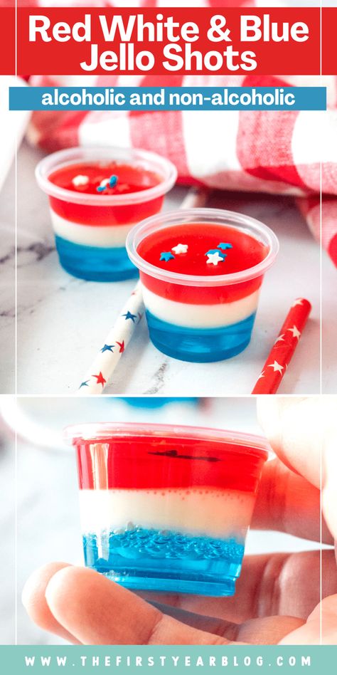 red, white and blue jello shots pin with text overlay Blue Jello Shots Recipe, Patriotic Jello Shots, Patriotic Jello, White Jello, Red White And Blue Jello, Blue Jello Shots, Jello Shots Recipe, Layered Jello, Jello Cups