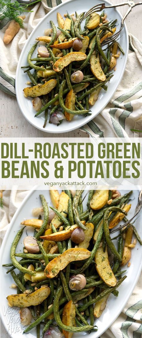 This recipe for Dill-Roasted Green Beans & Potatoes is a low-key hit at the dinner table - unassuming but incredibly delicious! (not to mention easy) #Vegan #soyfree #glutenfree Gf Sides, Green Beans Potatoes, Beans Potatoes, Beans And Potatoes, Green Beans And Potatoes, Roasted Green Beans, Healthy Vegan Snacks, Vegan Side Dishes, Vegan Sides