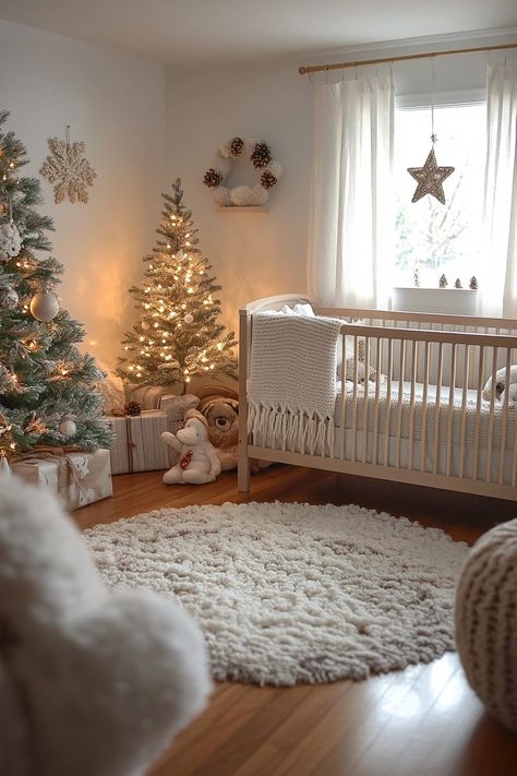 29 Christmas Decorations Rustic Ideas For A Warm And Inviting Holiday Feel - Courtneys World Christmas Nursery Decor, Winter Wonderland Nursery, Nursery Christmas Decor, Rustic Winter Wonderland, Winter Nursery, Rustic Christmas Decor Ideas, Bloxburg Christmas, Christmas Nursery, White Baubles