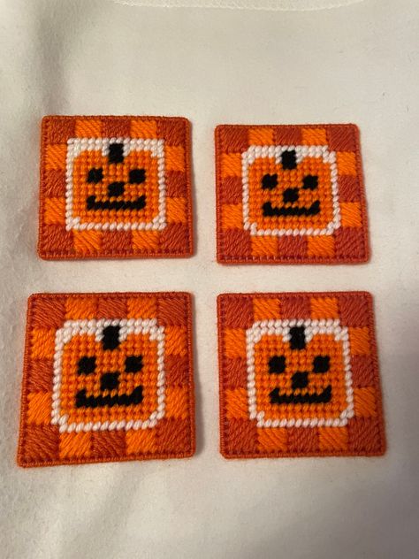 Pumpkin Coasters, Family Consumer Science, Coaster Patterns, Holiday Coasters, Canvas Coasters, Family And Consumer Science, Plastic Canvas Coasters, Autumn Pumpkins, Animal Cross Stitch