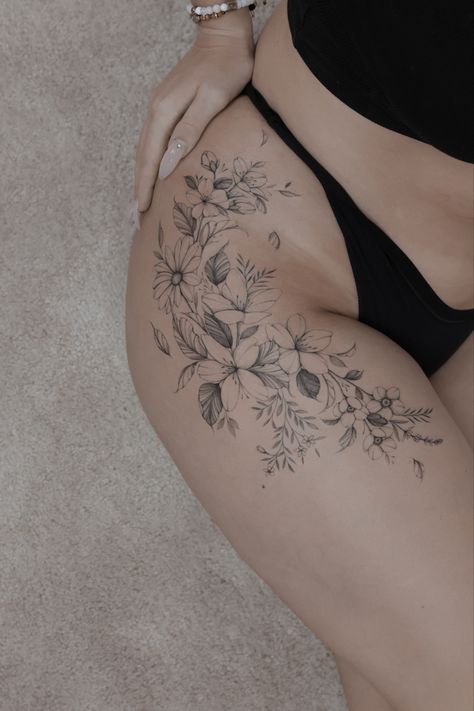 by tattoo artist India Fine Line Floral Hip Tattoo, Fine Line Thigh Tattoo, Thigh And Hip Tattoo, Fine Line Floral, Silent Princess, Floral Hip Tattoo, Simple Flower Tattoo, Tattoos To Cover Scars, Hip Thigh Tattoos