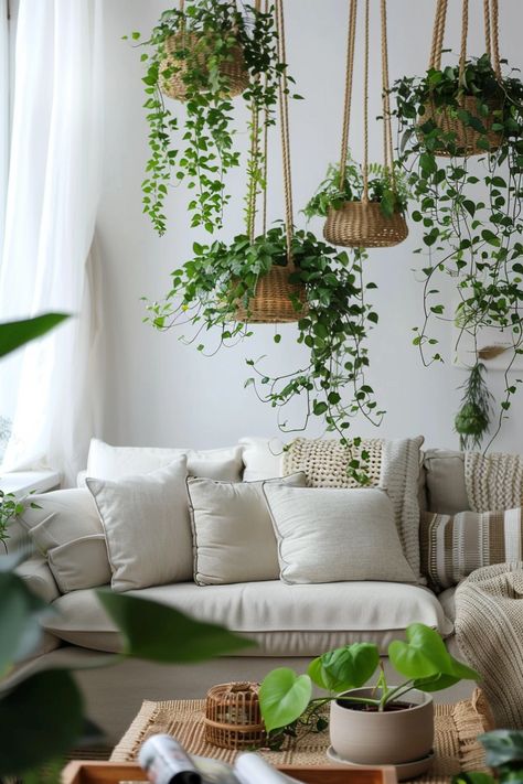 Styling Your Home with Hanging Plants Bar To Hang Plants, Hanging Plant In Kitchen, Corner Hanging Plant Living Rooms, Arranging Indoor Plants Living Rooms, Hanging Plants Corner, Corner Hanging Plant, Hanging Plant Ideas Indoor, Plants In Corner Of Living Room, Plant Styling Ideas