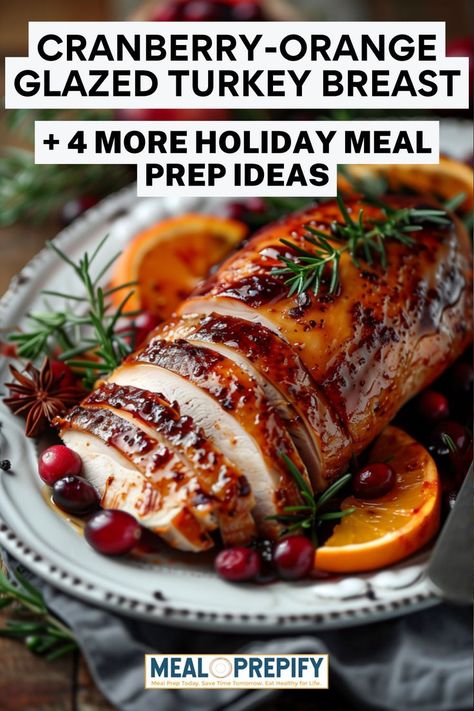 Sliced cranberry-orange glazed turkey breast garnished with rosemary and cranberries for holiday meal prep. Orange Turkey Recipes, Glazed Turkey Breast, Holiday Meal Planner, Holiday Meal Prep, Glazed Turkey, Cranberry Turkey, Meal Schedule, Turkey Glaze, Orange Glaze