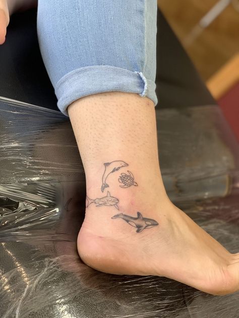 180+ Creative Dolphin Tattoos Designs with Meanings (2024) - TattoosBoyGirl Turtle Whale Tattoo, Orca And Dolphin Tattoo, Shark Aesthetic Tattoo, Dolphin Turtle Tattoo, Orca Whale Family Tattoo, Humming Bird Back Tattoo Women, Shark Family Tattoo, Orca And Shark Tattoo, Shark Inspired Tattoo