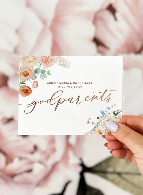 Floral will you be my Godparents card, Godparents proposal card, be my Godparents, Godparents proposal, will you be my Godparents. Godparent Baby Letters, God Parents, Colored Envelopes, Wedding Basket, Personal Message, All Design, Color Choices, Card Stock, Envelope