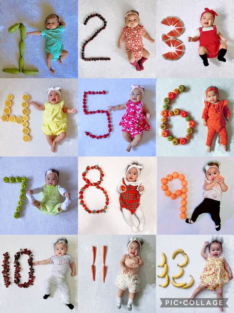 Fruit Monthly Milestone, Fruit Milestone Pictures, Hayat Pics, Baby Milestones Pictures, One Month Baby, Monthly Pictures, Monthly Baby Pictures, Baby Milestone Photos, Baby Fruit