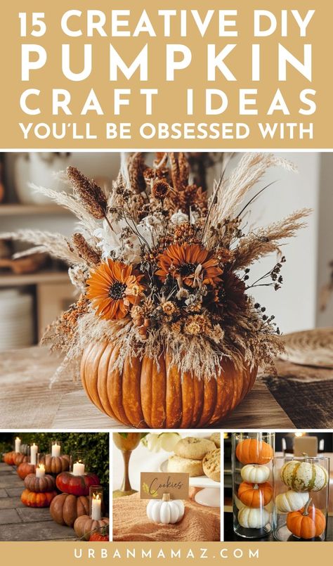 Looking for creative DIY pumpkin craft ideas you'll be obsessed with? Check out this list of 15 insanely cute DIY pumpkin crafts for Thanksgiving decoration. Decorating With Small Pumpkins, Diy Pumpkin Crafts, Crafts For Thanksgiving, Pumpkin Craft Ideas, Boho Pumpkins, Diy Pumpkins Crafts, Creative Ideas To Make, Pumpkin Uses, Pumpkin Craft