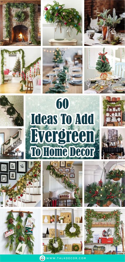 Christmas Decor With Greenery, Fresh Evergreen Decorations, Evergreen Christmas Decor, Evergreen Decorations, Evergreen Decor, Diy Arrangements, Stair Decor, Branch Decor, Evergreen Trees