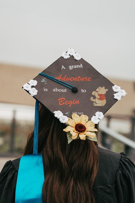 Pooh Graduation Cap, Winnie The Pooh Graduation Cap, Winnie The Pooh Graduation, Pooh Graduation, Grad Cap Decorated, Cap Decoration, Cap Ideas, Graduation Cap Designs, Graduation Cap Decoration