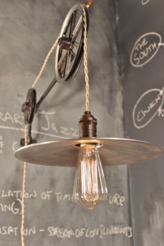 Antique Pulley, Pulley Lamps, String Lights Inside, Pulley Light, Vintage Lights, Metal Ideas, Clamp Lamp, Rustic Light Fixtures, Lamps Shades