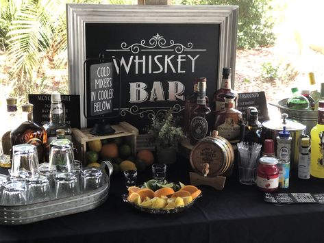 Whiskey bar Whiskey Party Ideas Decor, Whiskey Bar Themed Birthday Party, 40th Birthday Ideas For Men Whiskey, Vintage Whiskey Birthday Party, Whiskey Table Ideas, Whisky Bar Party Ideas, Whiskey Wedding Theme, Whiskey Bar Wedding Ideas, Whiskey Bar Birthday Party